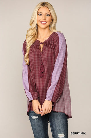Textured Color Mixed Tassel Tie Peasant Top W/ Reverse Stitch Detail