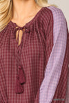 Textured Color Mixed Tassel Tie Peasant Top W/ Reverse Stitch Detail