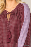 Textured Color Mixed Tassel Tie Peasant Top W/ Reverse Stitch Detail