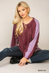 Textured Color Mixed Tassel Tie Peasant Top W/ Reverse Stitch Detail