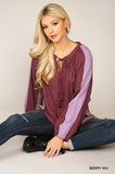 Textured Color Mixed Tassel Tie Peasant Top W/ Reverse Stitch Detail