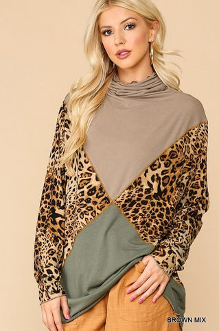 Solid And Animal Print Mixed Knit Turtleneck Top