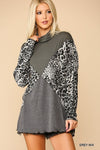Solid And Animal Print Mixed Knit Turtleneck Top