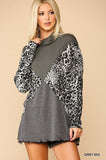 Solid And Animal Print Mixed Knit Turtleneck Top