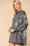 Solid And Animal Print Mixed Knit Turtleneck Top