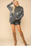 Solid And Animal Print Mixed Knit Turtleneck Top