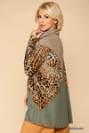 Solid And Animal Print Mixed Knit Turtleneck Top