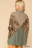 Solid And Animal Print Mixed Knit Turtleneck Top