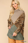 Solid And Animal Print Mixed Knit Turtleneck Top