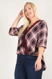 Plaid 3/4 Sleeve Top With Hi-lo Hem, V-neckline, And Relaxed Fit