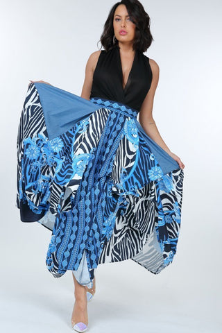 Animal Chain Print Denim Tacked Maxi Skirt