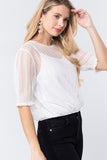 Elbow Sleeve Dot Mesh Top W/inner Cami