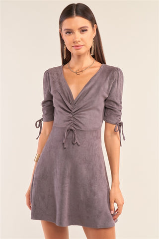 Charcoal Grey Suede Deep Plunge V-neck Tight Fit Mini Dress