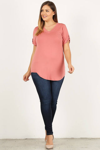 Solid Knit V-neck Tee With Small Left Chest Fashion Pocket