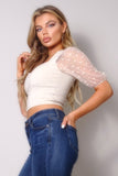 Polka Dot Mesh Puff Sleeve Contrast Crop Fashion Top