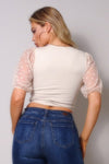 Polka Dot Mesh Puff Sleeve Contrast Crop Fashion Top