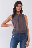 Purple Sleeveless Mock Neck Front Button Down Sheer Blouse