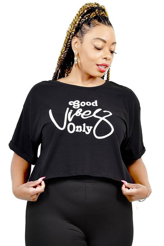 Plus Size Good Vibes Only Printed Boxy Crop Top