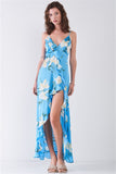 Satin Floral Sleeveless V-neck Ruffle Trim Side Slit Maxi Dress