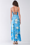 Satin Floral Sleeveless V-neck Ruffle Trim Side Slit Maxi Dress