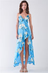 Satin Floral Sleeveless V-neck Ruffle Trim Side Slit Maxi Dress
