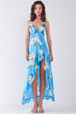 Satin Floral Sleeveless V-neck Ruffle Trim Side Slit Maxi Dress