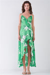 Satin Floral Sleeveless V-neck Ruffle Trim Side Slit Maxi Dress