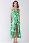 Satin Floral Sleeveless V-neck Ruffle Trim Side Slit Maxi Dress
