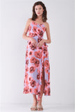 Floral Sleeveless Self-tie Wrap Front Ruffle Hem Side Slit Midi Dress