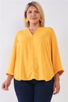 Plus Size Tuscan V-neck Midi Sleeve Pleated Back Relaxed Tunic Top
