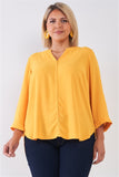 Plus Size Tuscan V-neck Midi Sleeve Pleated Back Relaxed Tunic Top