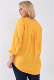 Plus Size Tuscan V-neck Midi Sleeve Pleated Back Relaxed Tunic Top