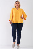 Plus Size Tuscan V-neck Midi Sleeve Pleated Back Relaxed Tunic Top