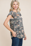 Army Camo Printed Cut Out Neckline Short Flutter Sleeves Casual Basic Top