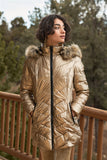 Glossy Finish Fitted Faux Fur Hood Chevron Padded Puffer Jacket