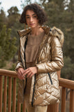 Glossy Finish Fitted Faux Fur Hood Chevron Padded Puffer Jacket