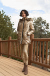 Glossy Finish Fitted Faux Fur Hood Chevron Padded Puffer Jacket