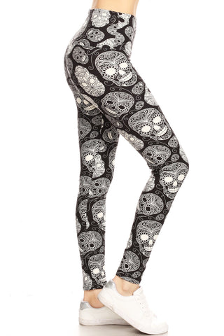 Long Yoga Style Banded Lined Skull Printed Knit Legging With High Waist