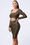 Luxe Waist Gold Chain Cut-out Detail Square Neck Glitter Bodycon Dress