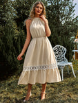 Grecian Neck Spliced Lace Midi Dress