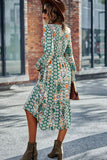 Smocked Round Neck Lantern Sleeve Midi Dress