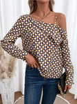 Printed Asymmetrical Neck Long Sleeve Top