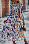 Smocked Round Neck Lantern Sleeve Midi Dress
