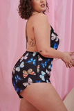 Plus Butterfly Print & Lace Criss Cross Backless Bodysuit