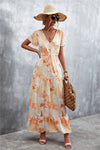 Floral Buttoned Drawstring Waist Tiered Flutter Sleeves Midi Dress