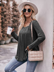 Pleated Detail Curved Hem Long Sleeve Top