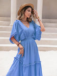 Tassel Trim Smocked V-Neck Short Sleeve Dress