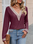 Contrast V-Neck Eyelet Long Sleeve Top