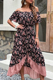Mixed Print Button Front Off-Shoulder Tulip Hem Dress