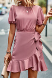 Round Neck Flutter Sleeve Ruffled Dress